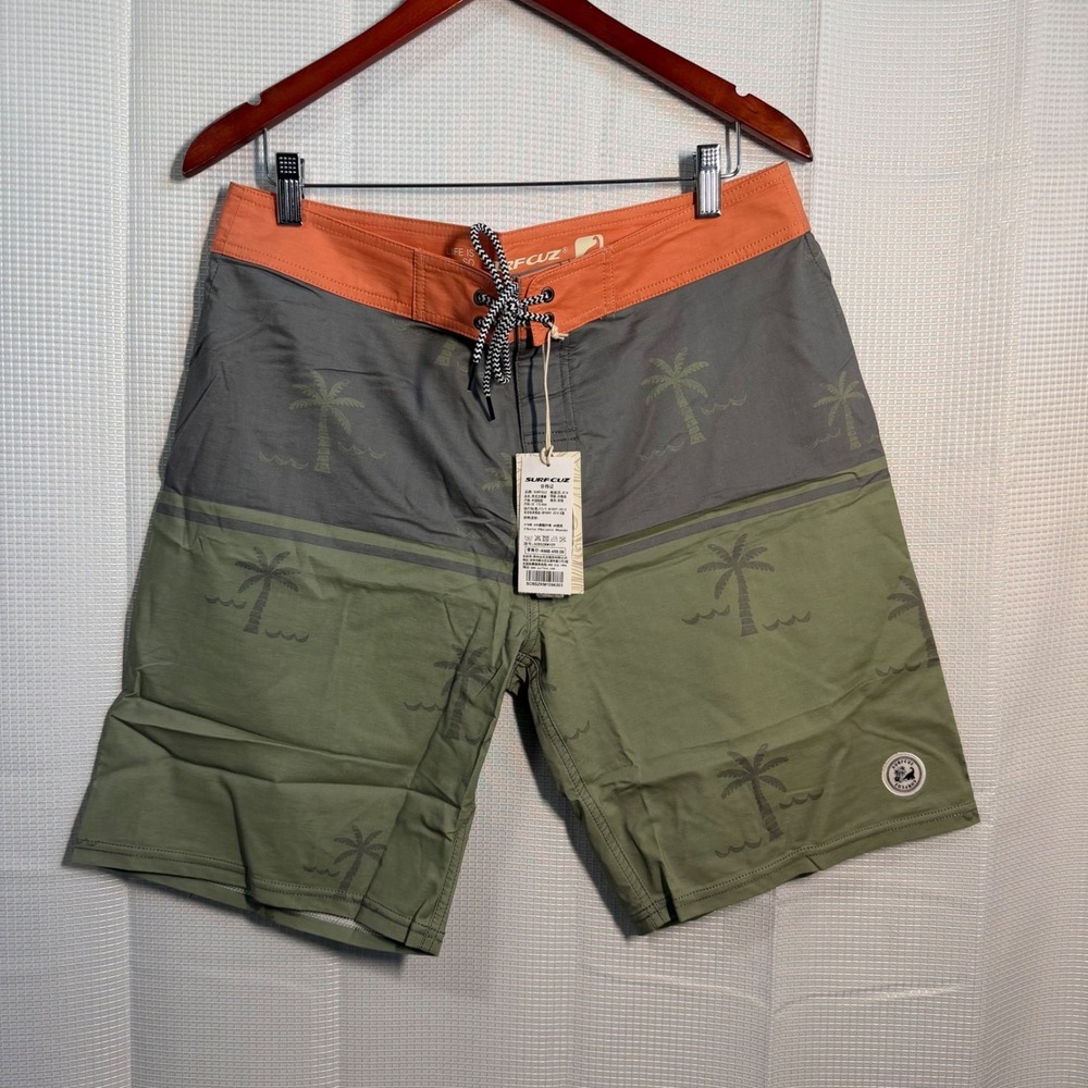 SURFCUZ Board Shorts 32 Green Gray Orange Palm Tree Print Stretch Swim Trunks‎
